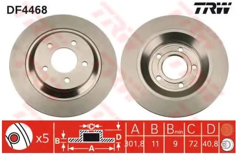 Диск тормозной задний Mazda 5, Biante TRW DF 4468, D=302 мм