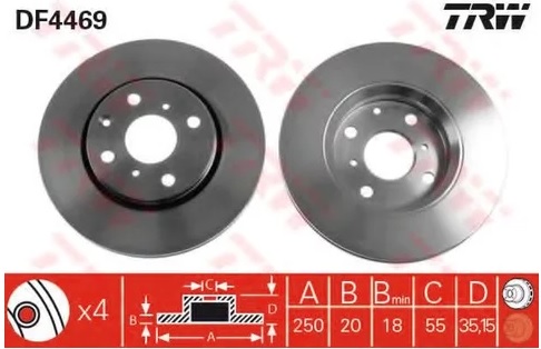 Диск тормозной передний Citroen C1, Peugeot 107, 108, Toyota Aygo TRW DF 4469, D=247 мм