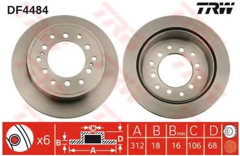 Диск тормозной задний TOYOTA LAND CRUISER,4 RUNNER TRW DF 4484, D=312 мм