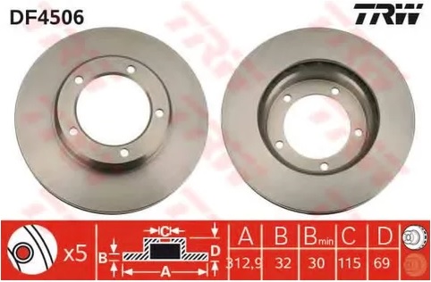 Диск тормозной передний Lexus LX, Toyota Land Cruiser TRW DF 4506, D=313 мм