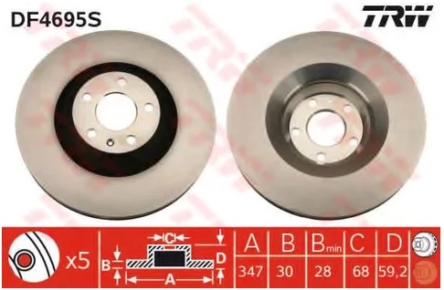 Диск тормозной передний Audi A6, A6 allroad TRW DF 4695S, D=347 мм