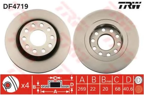 Диск тормозной задний Audi A6, ALLROAD TRW DF 4719, D=269 мм
