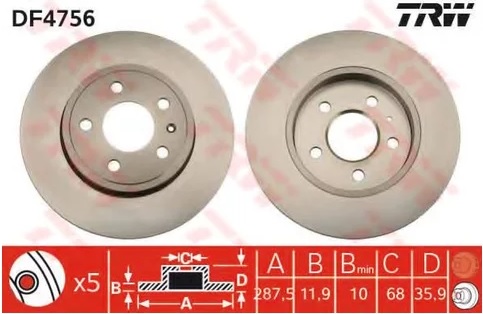 Диск тормозной задний Audi A4, SEAT Exeo TRW DF 4756, D=288 мм