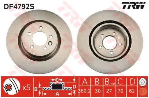 Диск тормозной передний Land Rover Discovery, Range Rover, Range Rover Sport TRW DF 4792S, D=360 мм