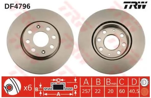 Диск тормозной передний OPEL CORSA TRW DF 4796, D=257 мм