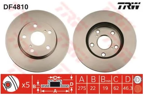 Диск тормозной передний Toyota Auris, Corolla, Corolla Rumion TRW DF 4810, D=275 мм