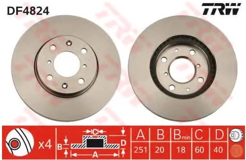 Диск тормозной передний Opel Agila, Subaru Legacy, Suzuki Splash, Swift TRW DF 4824, D=252 мм 