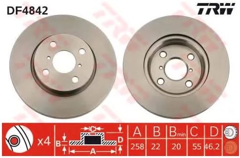 Диск тормозной передний Toyota Yaris TRW DF 4842, D=258 мм