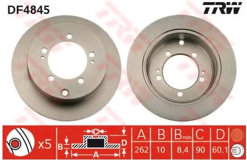 Диск тормозной задний MITSUBISHI Eclipse, Lancer, Outlander, Space Runne TRW DF 4845, D=262 мм