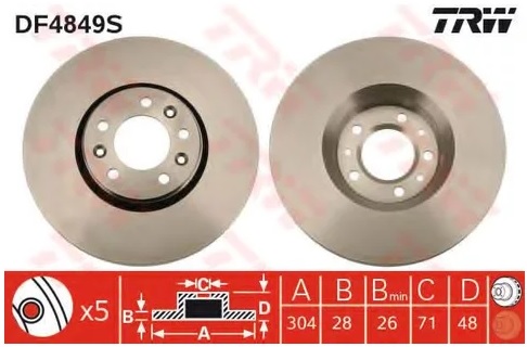 Диск тормозной передний PEUGEOT EXPERT, FIAT SCUDO TRW DF 4849S, D=304 мм