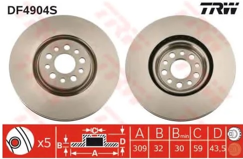 Диск тормозной передний Citroen C8, Fiat Ulysse, Peugeot 807 TRW DF 4904S, D=310 мм