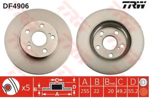 Диск тормозной передний Toyota Prius TRW DF 4906, D=255 мм