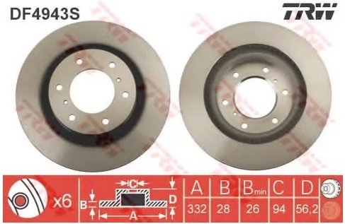 Диск тормозной передний Mitsubishi Pajero TRW DF 4943S, D=332 мм
