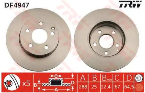 Диск тормозной передний Mercedes C-CLASS TRW DF 4947, D=288 мм