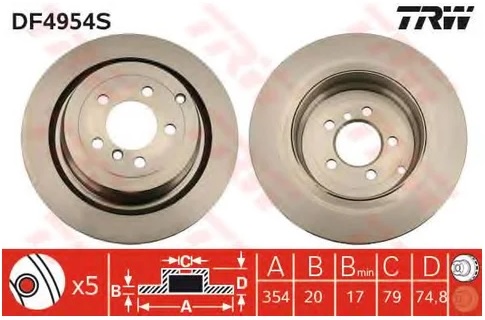 Диск тормозной задний Land Rover Range Rover TRW DF 4954S, D=354 мм