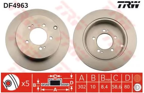 Диск тормозной задний Citroen C-Crosser, Mitsubishi Lancer, Outlander, Peugeot 4007 TRW DF 4963, D=302 мм