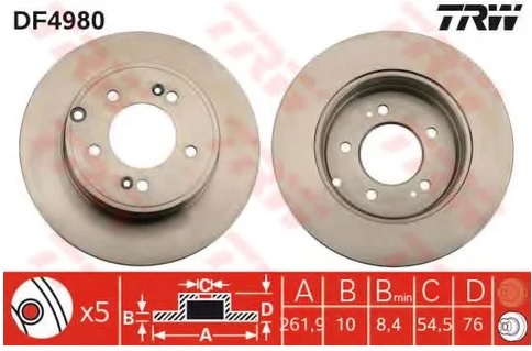 Диск тормозной задний Hyundai Grandeur, ix35, Sonata, Kia Optima TRW DF 4980, D=284 мм