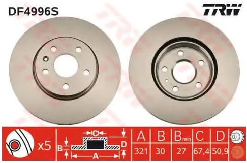 Диск тормозной передний Chevrolet Camaro, Malibu, Opel Insignia, Saab 9-5 TRW DF 4996S, D=321 мм