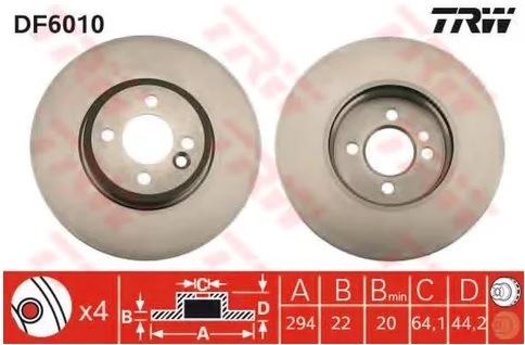 Диск тормозной передний MINI ONE, COOPER, CLUBMAN TRW DF 6010, D=294 мм