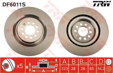 Диск тормозной передний SEAT Leon TRW DF 6011S, D=323 мм