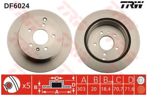 Диск тормозной задний Chevrolet Captiva, Equinox, Opel Antara TRW DF 6024, D=303 мм