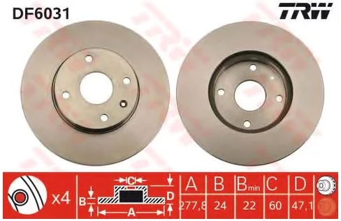 Диск тормозной передний Chevrolet Epica, Daewoo Tosca TRW DF 6031, D=278 мм