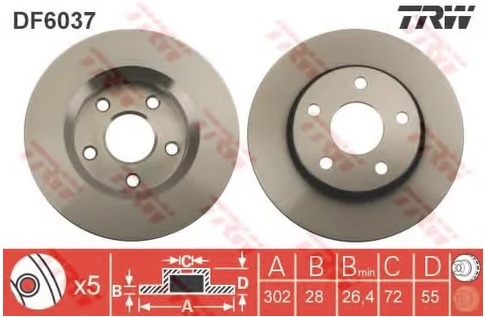 Диск тормозной передний Jeep Wrangler TRW DF 6037, D=302 мм