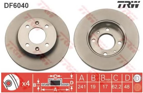 Диск тормозной передний Hyundai Getz TRW DF 6040, D=241 мм