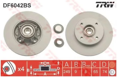 Диск тормозной задний Citroen C4, DS4, Peugeot 308, 408 TRW DF 6042BS, D=249 мм