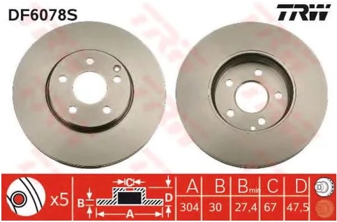 Диск тормозной передний Mercedes E-CLASS TRW DF 6078S, D=304 мм