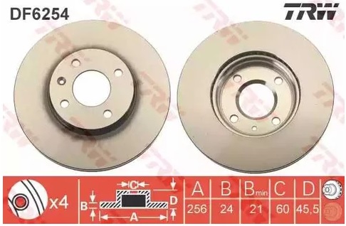 Диск тормозной передний Chevrolet Aveo, Cobalt TRW DF 6254, D=256 мм