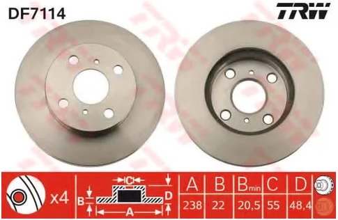 Диск тормозной передний Toyota Corolla TRW DF 7114, D=238 мм