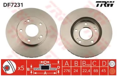 Диск тормозной передний MITSUBISHI SPACE RUNNER TRW DF 7231, D=276 мм