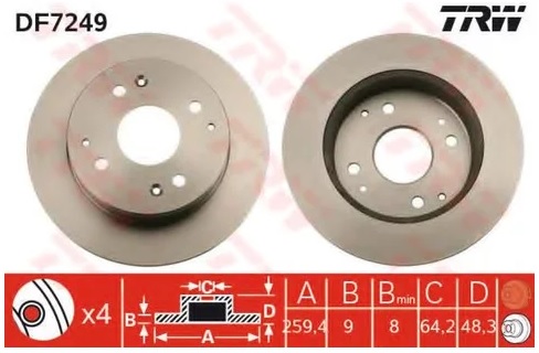 Диск тормозной задний Honda Accord TRW DF 7249, D=259 мм