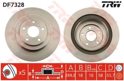 Диск тормозной задний Subaru Forester, Impreza, Legacy, Outback TRW DF 7328, D=290 мм