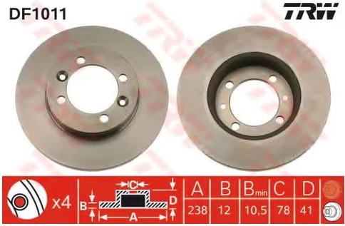 Диск тормозной передний Renault 9 TRW DF1011, D=238 мм