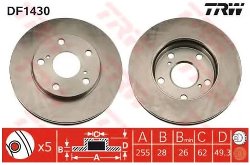 Диск тормозной передний Toyota Camry, Picnic, Scepter TRW DF 1430, D=255 мм