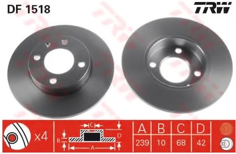 Диск тормозной передний AUDI 80, SEAT CORDOBA, IBIZA, VW GOLF, JETTA TRW DF 1518, D=239 мм