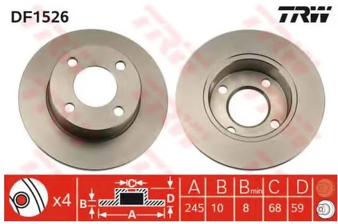 Диск тормозной задний Audi 100, 80, 90, Cabriolet, Coupe TRW DF 1526, D=245 мм