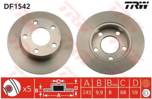 Диск тормозной задний Audi 100, 200, Quattro TRW DF 1542, D=245 мм