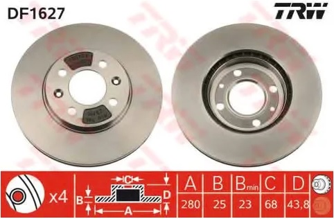 Диск тормозной передний Saab 9000 TRW DF 1627, D=280 мм