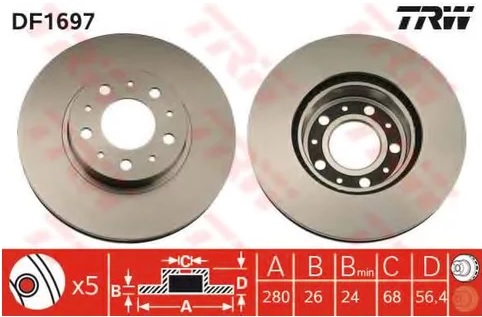 Диск тормозной передний Volvo 740, 940, 960 TRW DF 1697, D=280 мм