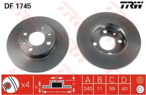 Диск тормозной передний Alfa Romeo TRW DF 1745, D=240.5 мм