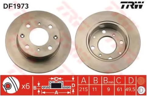 Диск тормозной передний Honda Civic TRW DF 1973, D=215 мм