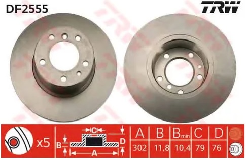 Диск тормозной передний BMW 5 TRW DF 2555, D=302 мм