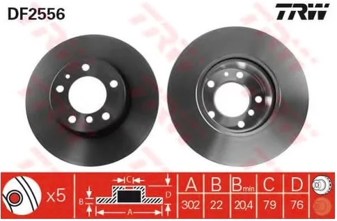 Диск тормозной передний BMW 5 TRW DF 2556, D=302 мм