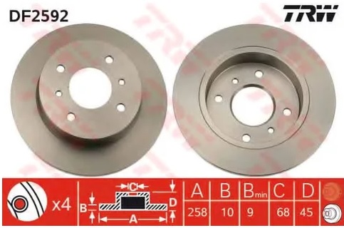 Диск тормозной задний NISSAN ALMERA, PRIMERA TRW DF 2592, D=258 мм