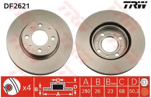 Диск тормозной передний Volvo 850 TRW DF 2621, D=280 мм