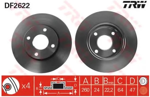 Диск тормозной передний Ford Cougar, Mondeo, Scorpio TRW DF 2622, D=260 мм