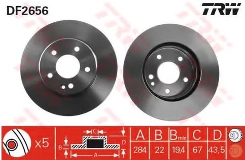 Диск тормозной передний Mercedes C-CLASS TRW DF 2656, D=284 мм